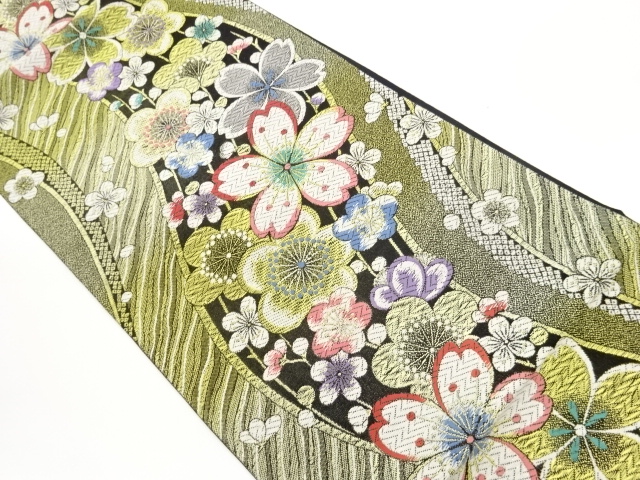 JAPANESE KIMONO / FUKURO OBI / SILK / WOVEN SAKURA & UME & ABSTRACT STRIPE